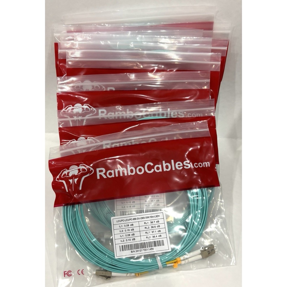 Lot of 10 RamboCables LC/UPC Duplex OM3 Multimode Fiber Cable 33ft 10m LSZH New